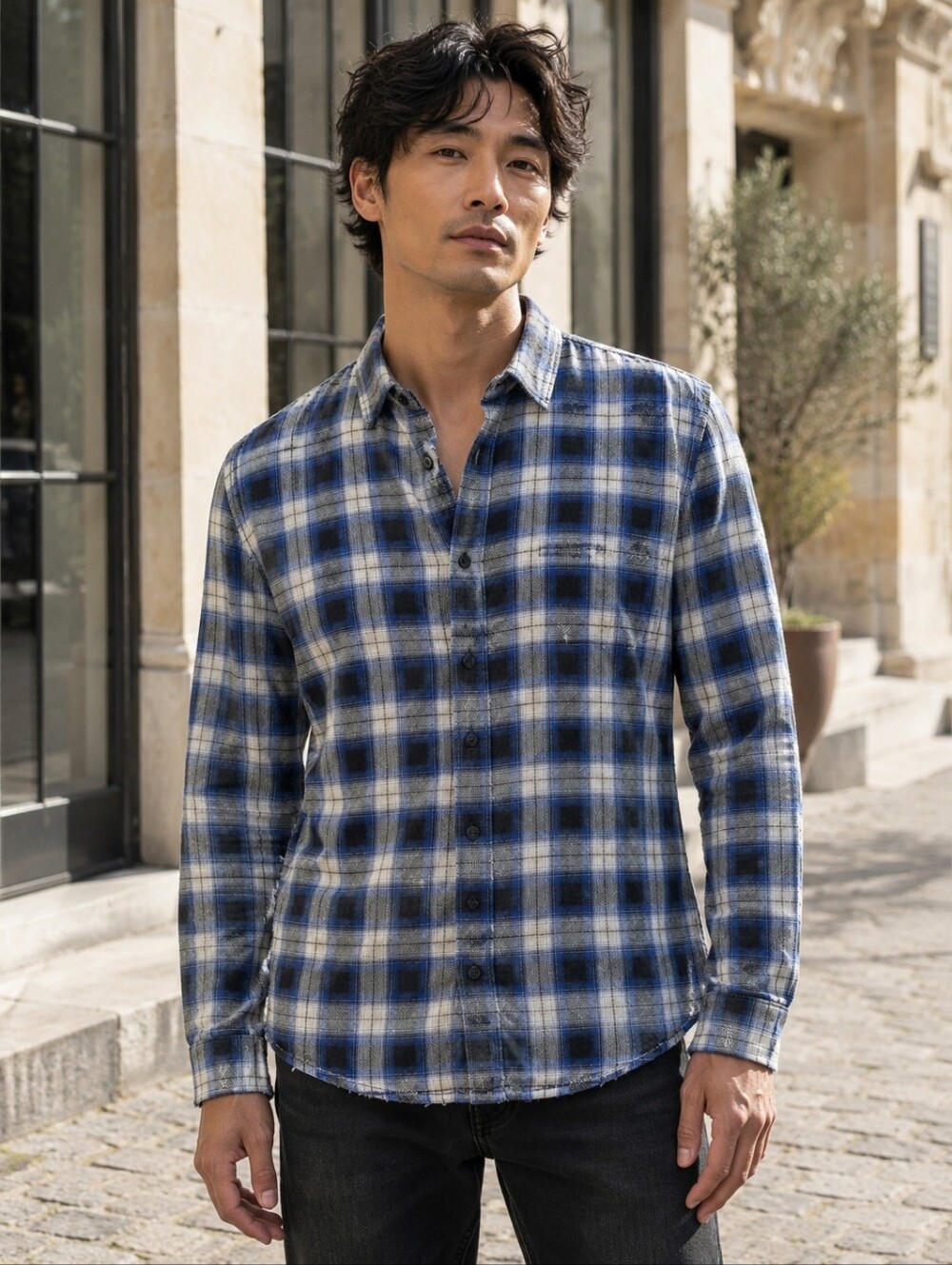 The Kooples Jeans Distressed Blue Plaid Relaxed Shirt XL
